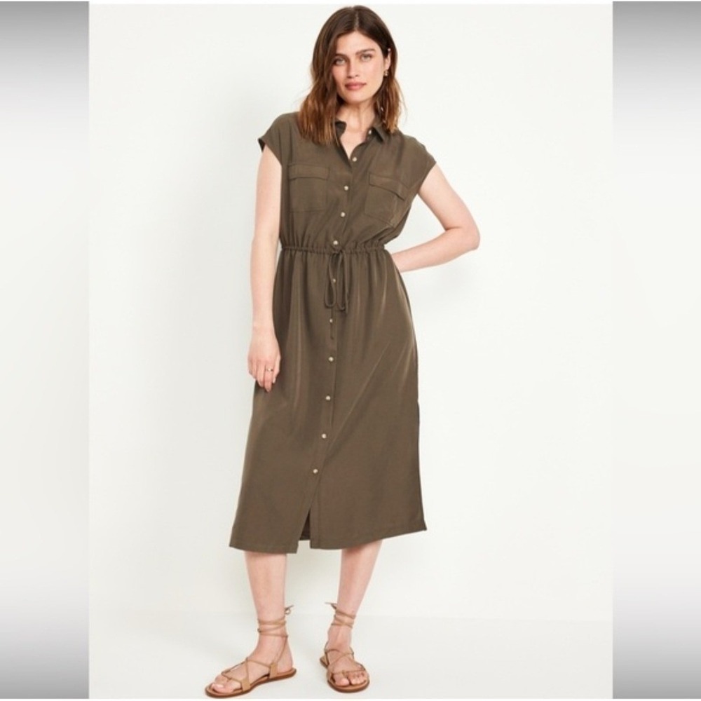 Old Navy‎ Maxi Shirtdress Women XXL Tall Olive Green Button Front Utility Earthy